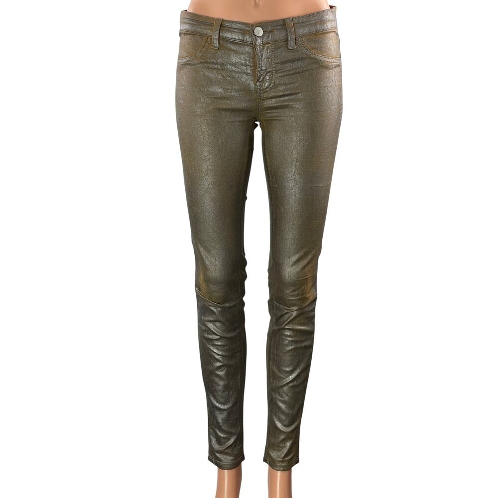 J Brand Tan Silver Metallic Coated Low Rise Slim Skinny Denim Jeans Size 25
